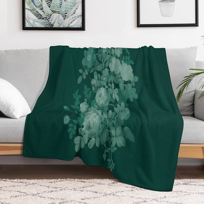 Dark Green Floral Collage, Bottle Green Monochrome Roses Bouquet Throw Blanket