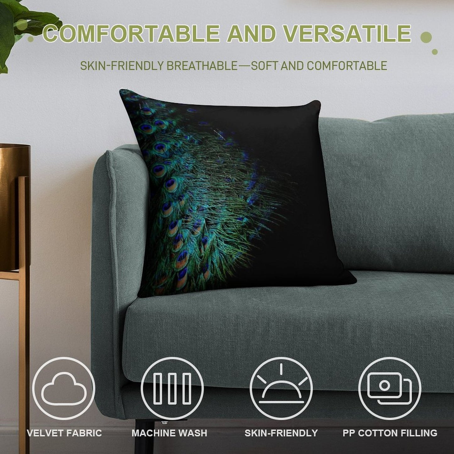 Peacock Feathers on A Black Background Soft Reinforced Edging Throw Pillow