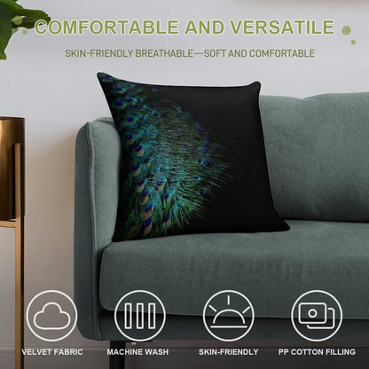 Peacock Feathers on A Black Background Soft Reinforced Edging Throw Pillow