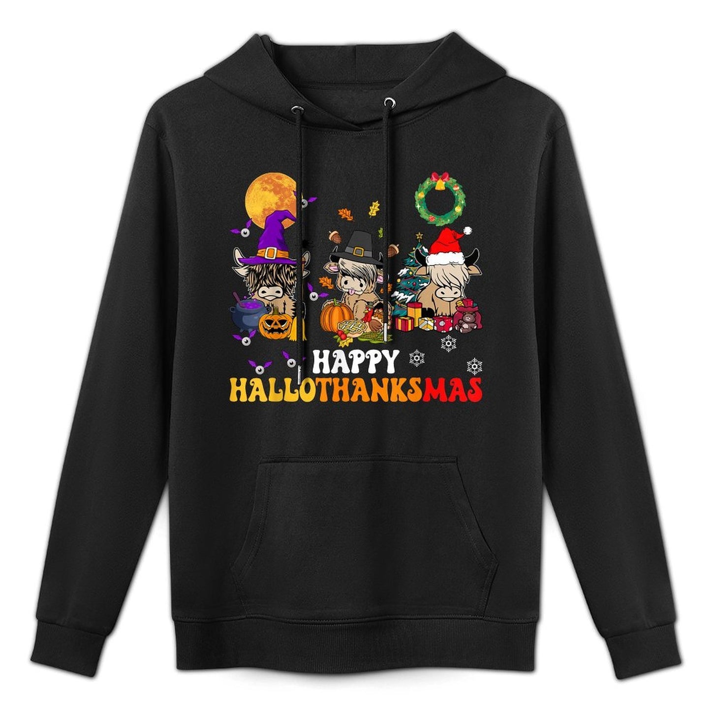 Hallothanksmas Highland Cow Halloween Christmas Thanksgiving Shape Retention Hoodie