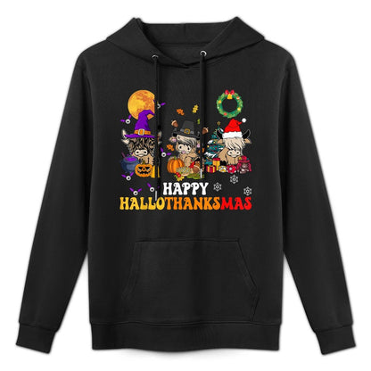 Hallothanksmas Highland Cow Halloween Christmas Thanksgiving Shape Retention Hoodie