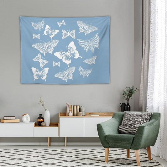 White Butterflies on Smoky Blue Grey Background Tapestry