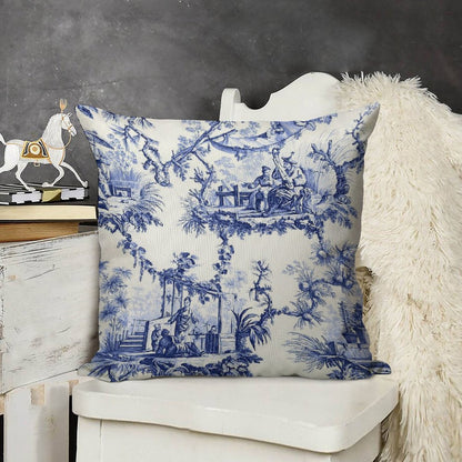 Blue Chinoiserie Toile Linen Throw Pillow Cover