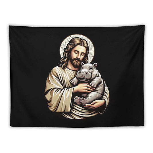 Jesus Loves Moo Deng Bouncy Pig Cute Baby Hippo Tapestry