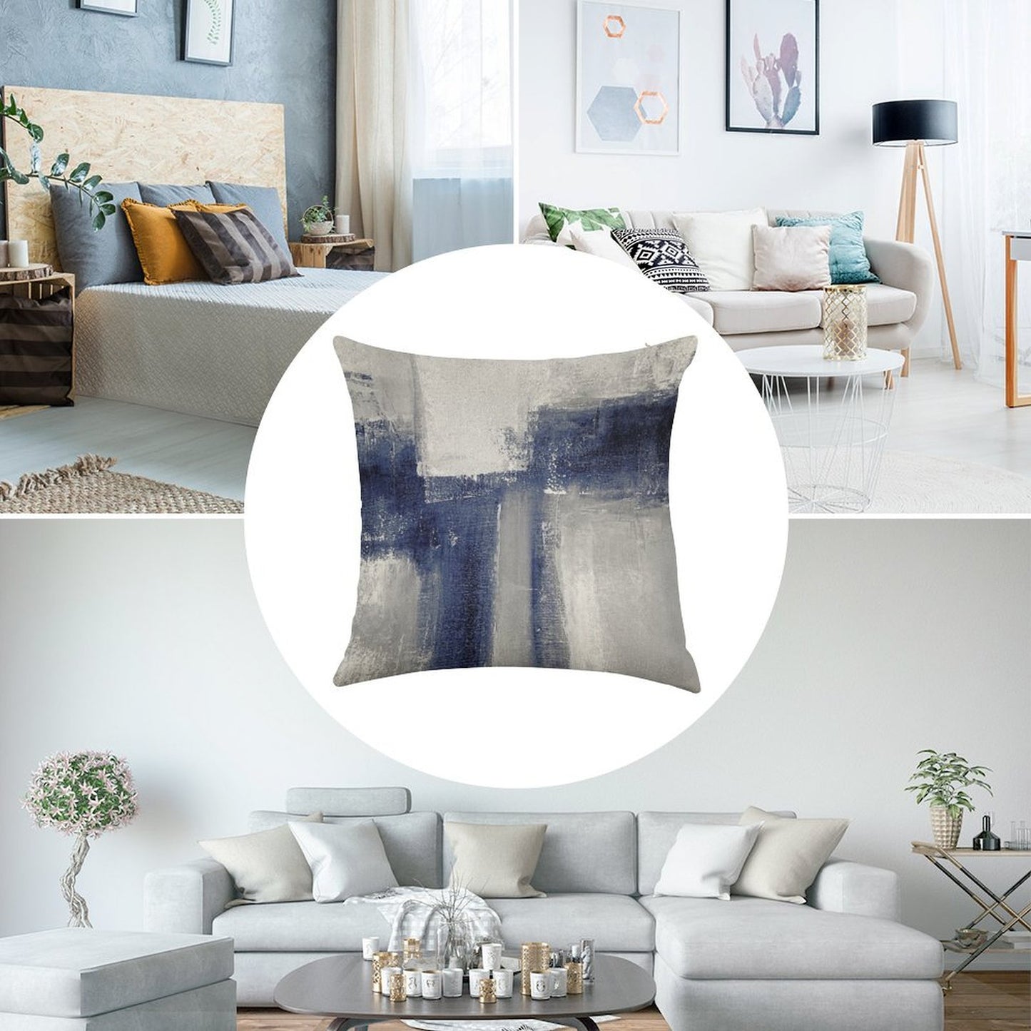 Classic Blue Abstract Linen Throw Pillow Cover
