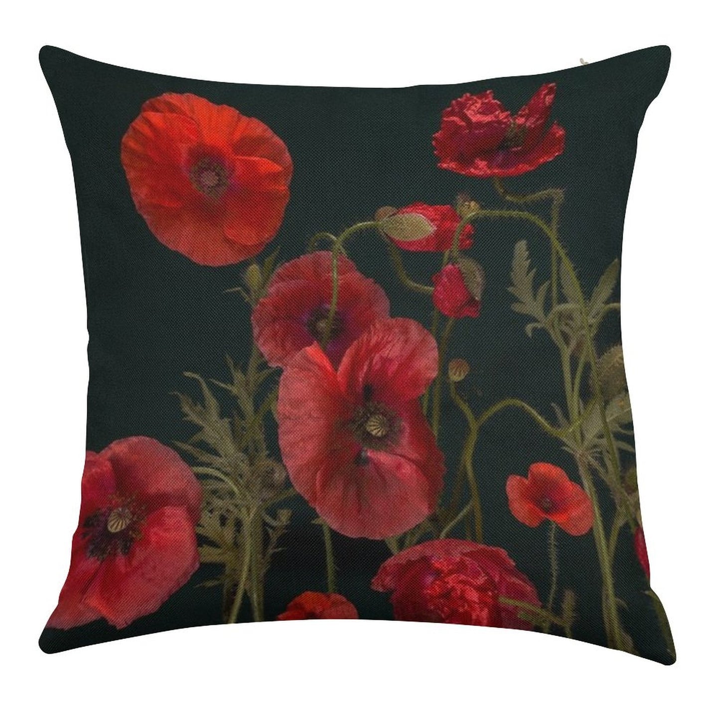 Red Poppies On Black Linen Throw Pillow Cover