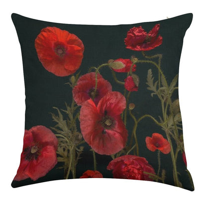 Red Poppies On Black Linen Throw Pillow Cover