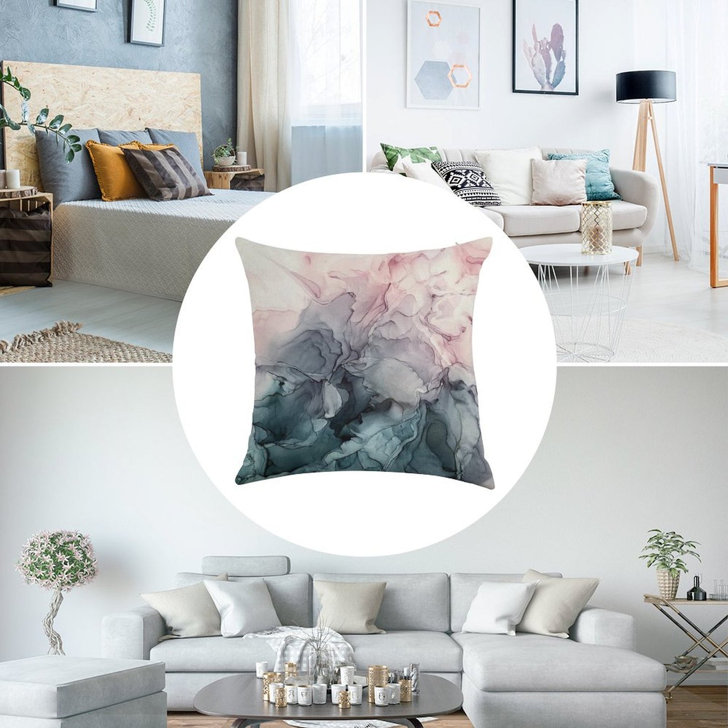 Blush And Payne's Grey Flowing Abstract Painting Linen Throw Pillow Cover