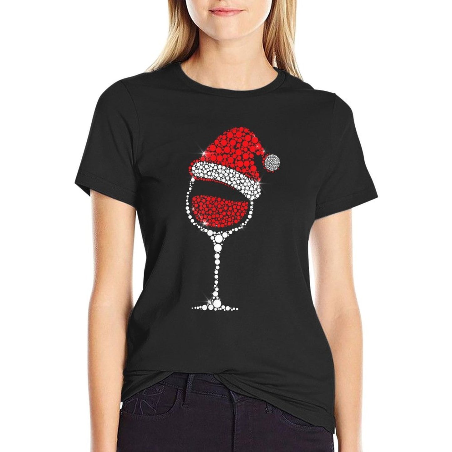 Christmas Pajama Glass of Wine Costume Santa Hat Xmas  Breathable T-Shirt