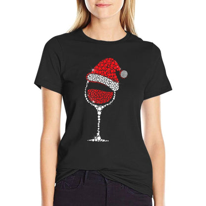 Christmas Pajama Glass of Wine Costume Santa Hat Xmas  Breathable T-Shirt