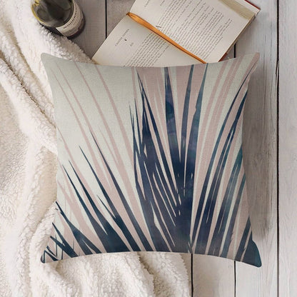 Contemporary Palm Leaf in Navy Blue And Blush Pink Linen Throw Pillow Cover