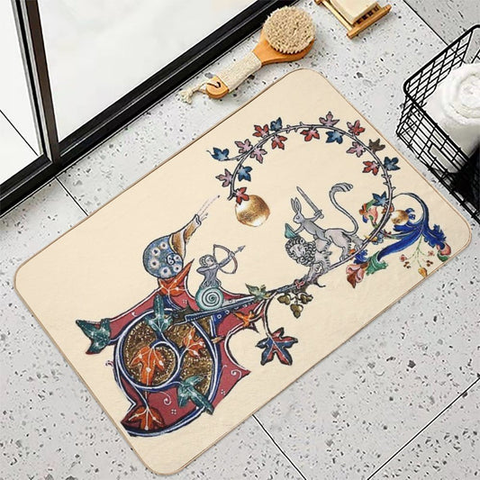 WEIRD MEDIEVAL BESTIARY WAR Between Snails And Killer Rabbit Riding Lion by Bulgan Lumini Bath Mat