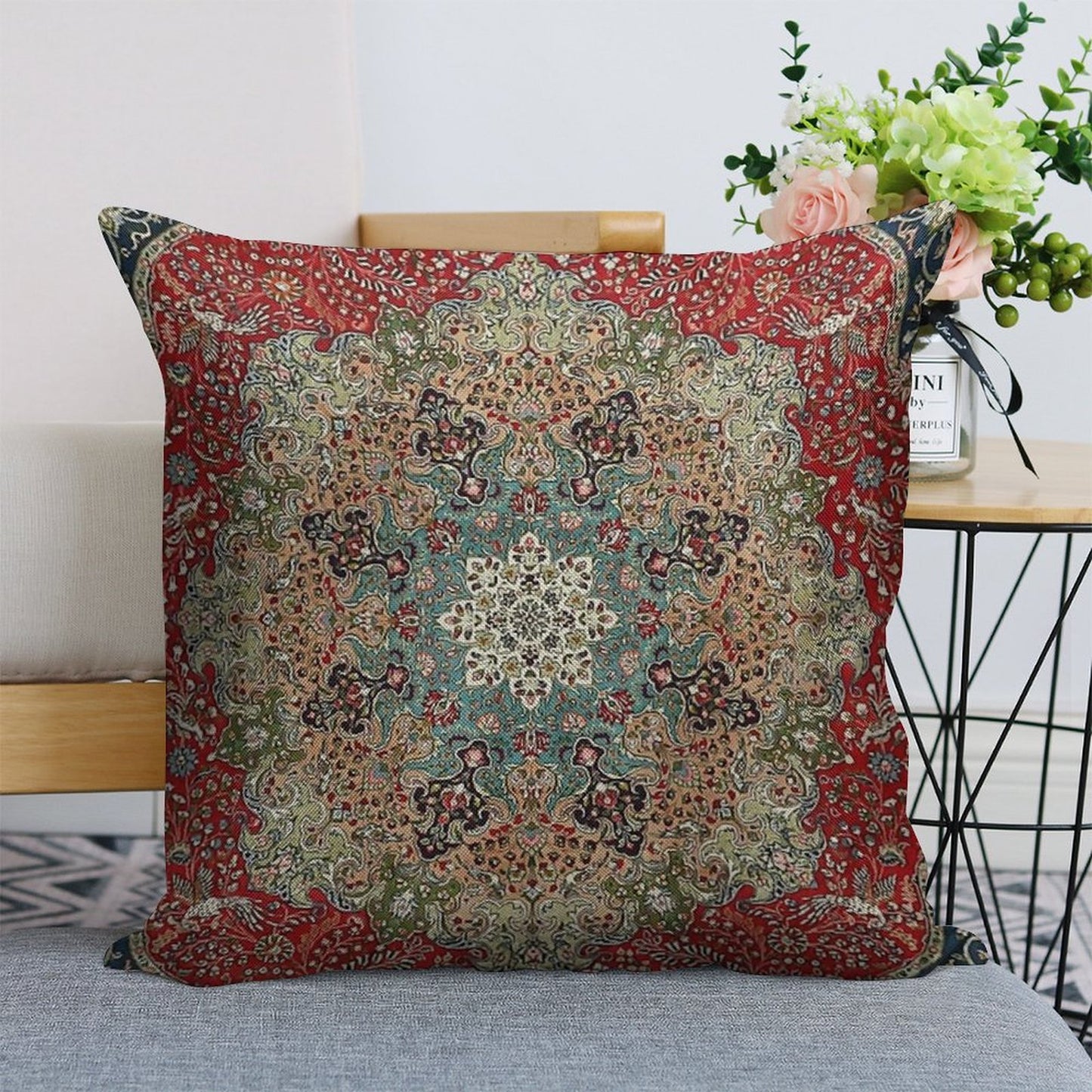Vintage Antique Persian Carpet Print Linen Throw Pillow Cover