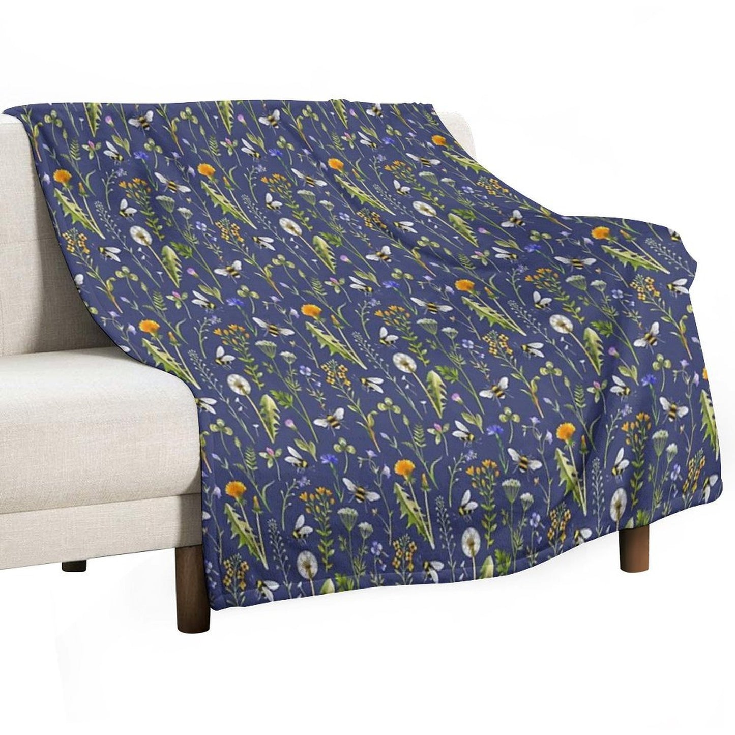 Bees And Wildflowers  Dark Blue Throw Blanket