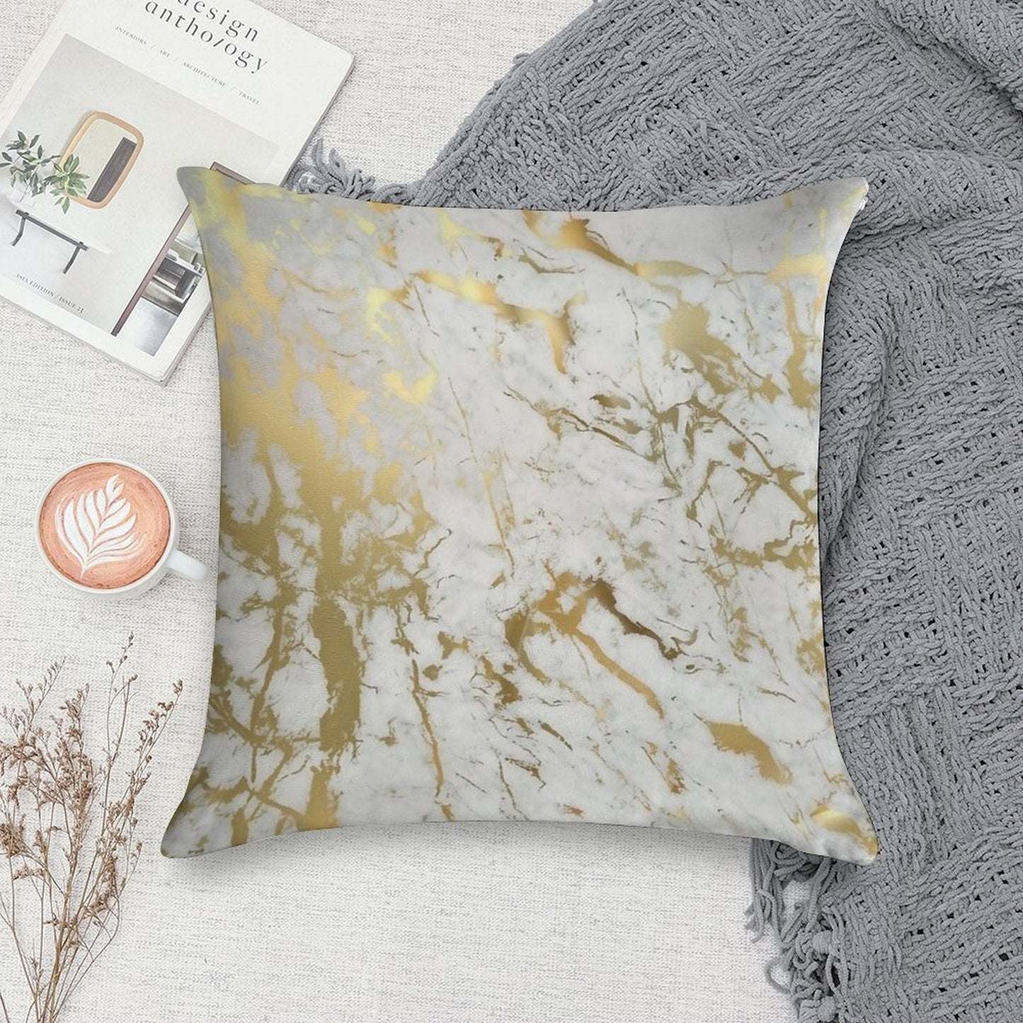 Gold Marble on White (original Height Quality Print) Soft Skin-Friendly Throw Pillow