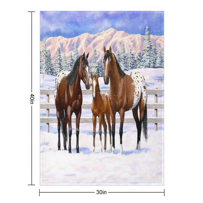 Bay Appaloosa Quarter Horses In Winter Snow Throw Blanket