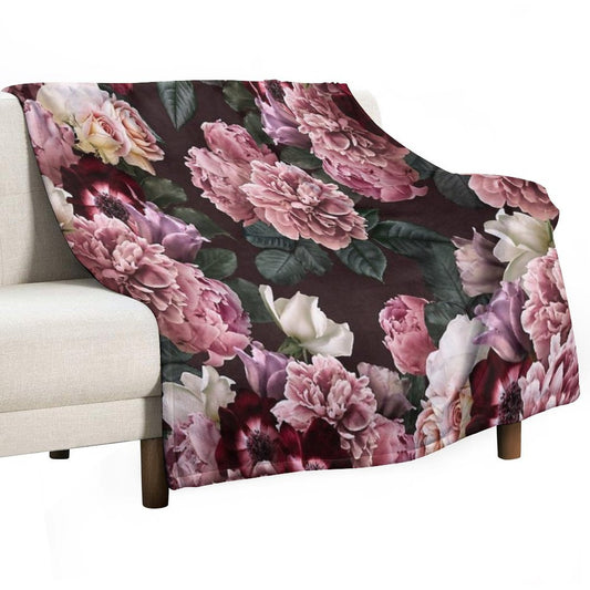Vintage Bouquets of Pink Lush Peonies, Purple Tulips, Roses And Dark Red Anemones. Throw Blanket