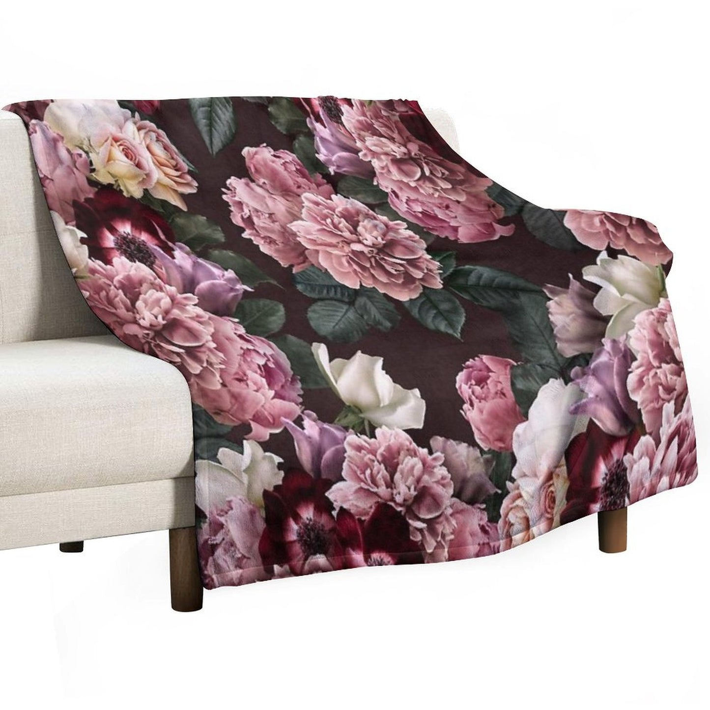 Vintage Bouquets of Pink Lush Peonies, Purple Tulips, Roses And Dark Red Anemones. Throw Blanket