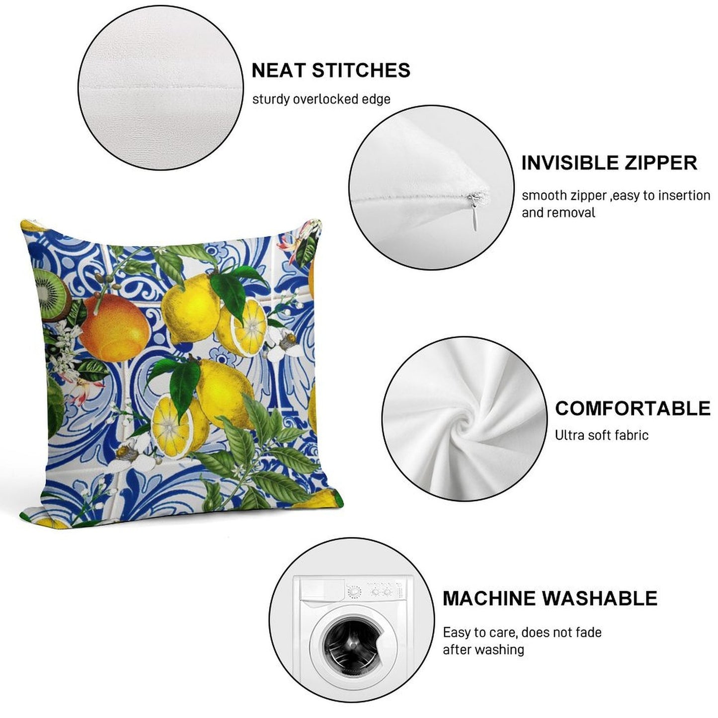 Mediterranean Lemon on Blue Ceramic Tiles Soft Washable Throw Pillow