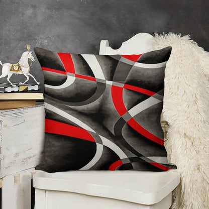 Eighties Red White Grey Line Curve Pattern On Black Linen Throw Pillow Cover