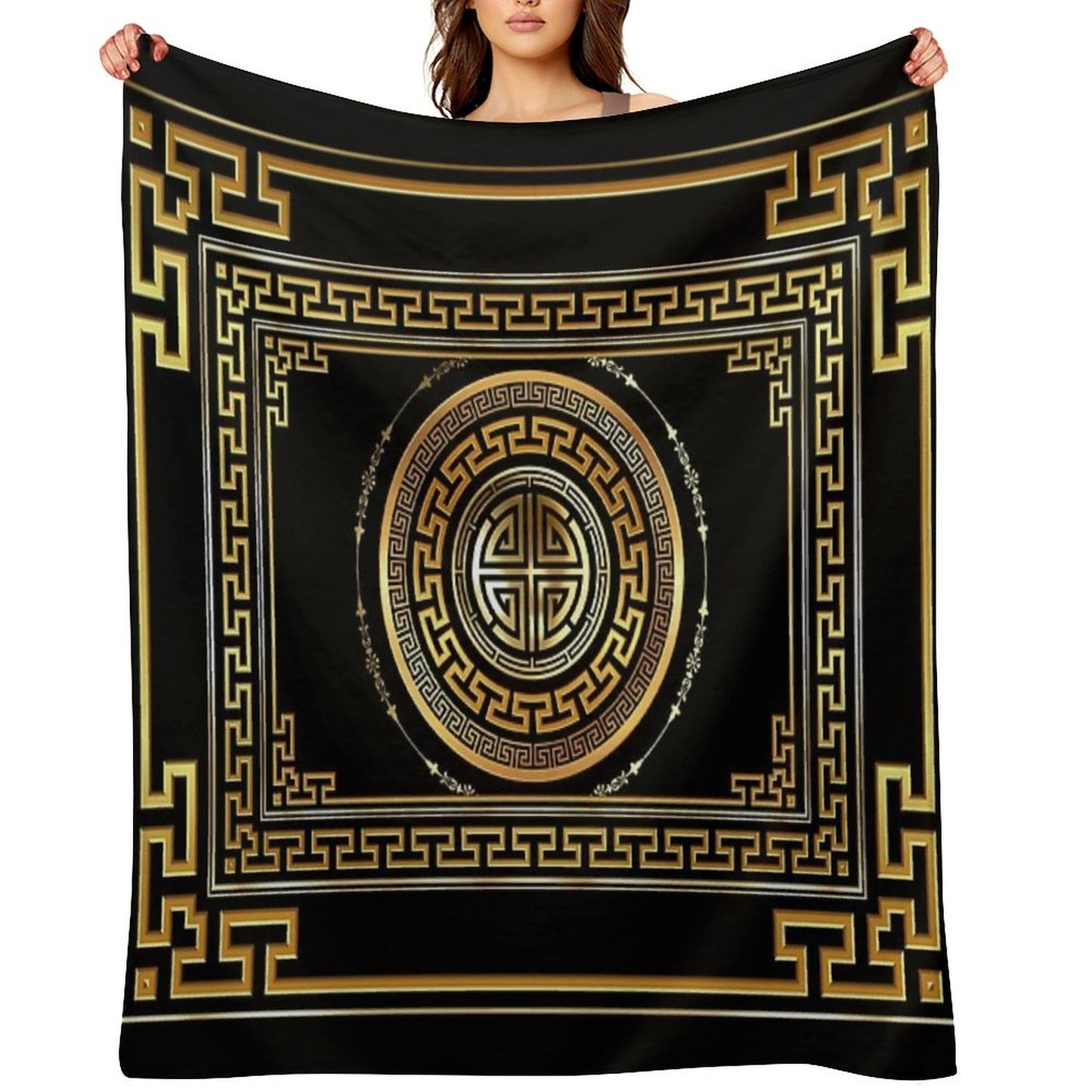 Greek Key Meander Black Gold Large Throw Blanket