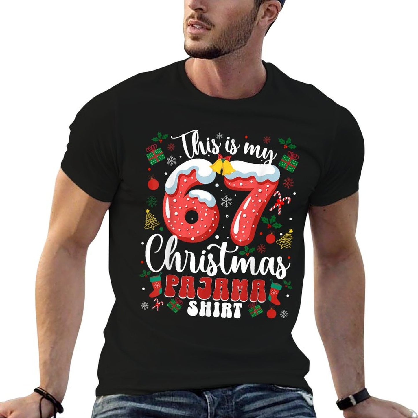 Funny 67 Christmas Pajamas Six Seven Meme Brainrot  Polyester Blend T-Shirt