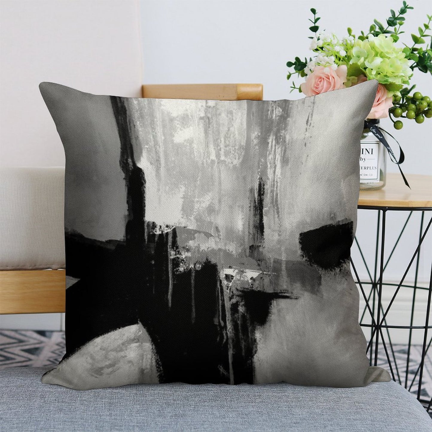 Black White Horizontal Abstract Linen Throw Pillow Cover