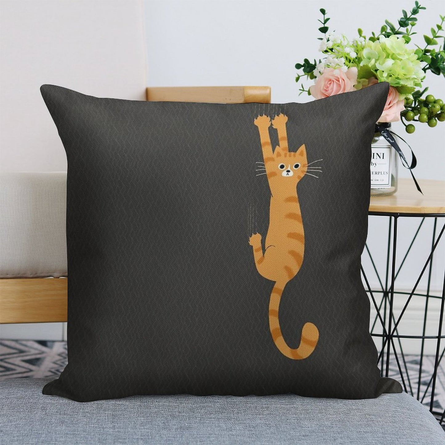 Orange Tabby Cat Hanging On  Funny Striped Cat Linen Throw Pillow Cover