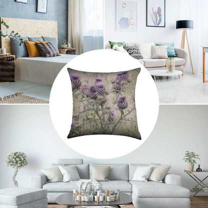 Purple Thistle Flowers with Yellow Daisies. Linen Throw Pillow Cover