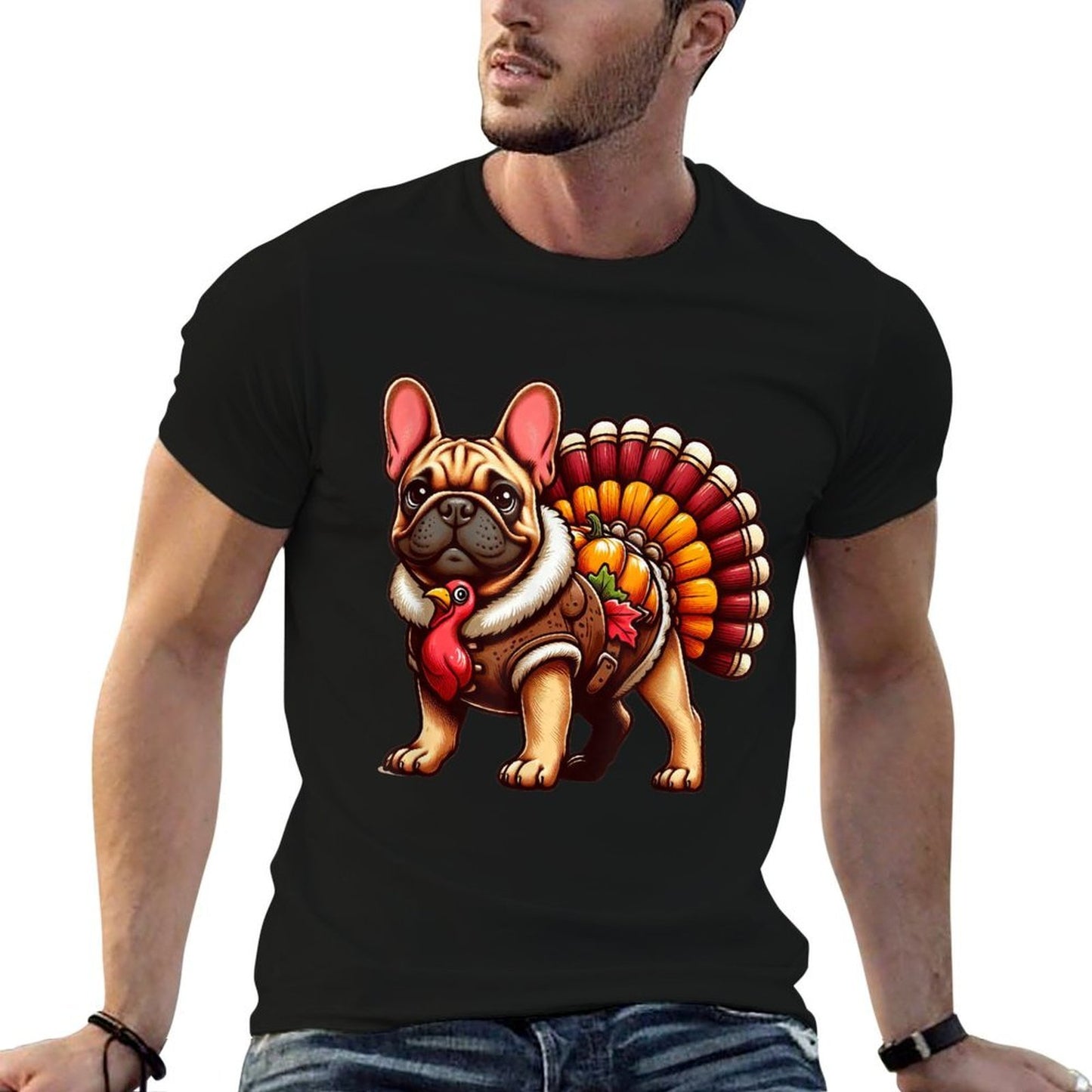 Cute Dog Frenchie Thanksgiving Kidsn Girl Boy  Polyester Blend T-Shirt