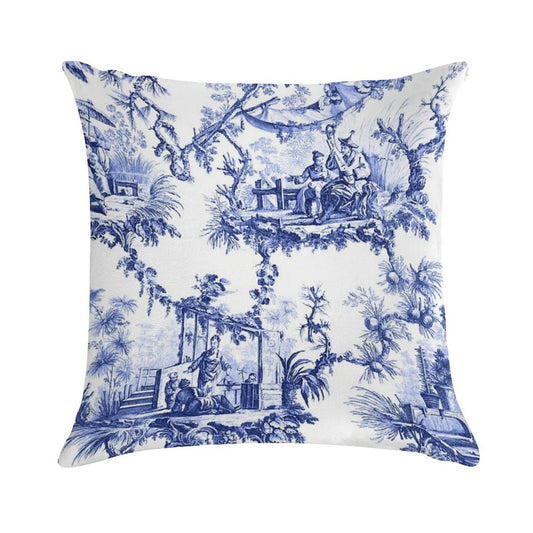 Blue Chinoiserie Toile Soft Hidden Zipper Throw Pillow