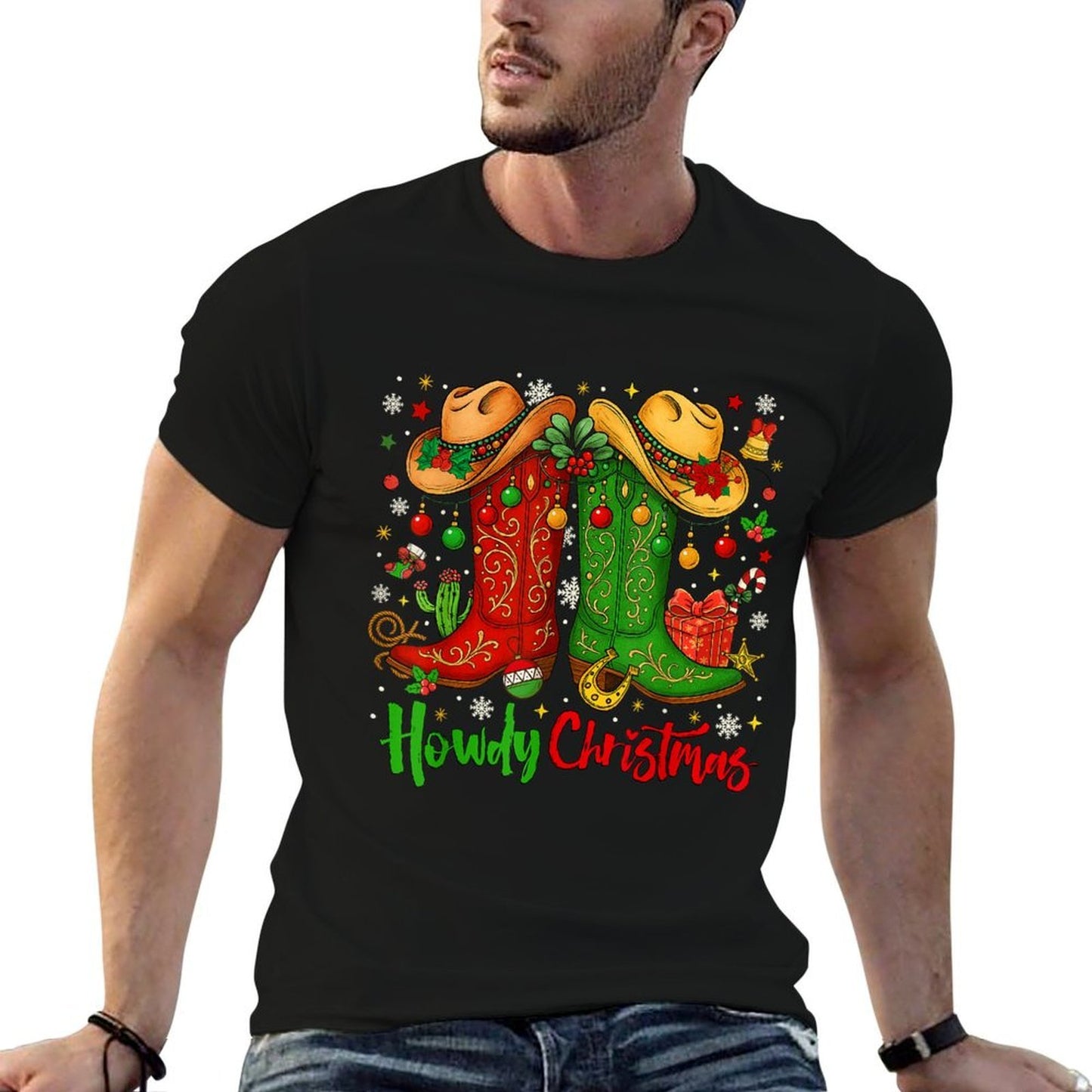 Howdy Christmas Merry Christmas Western Cowboy Cowgirl Boots  Heathered Texture T-Shirt