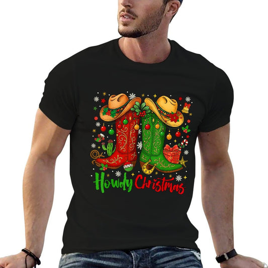 Howdy Christmas Merry Christmas Western Cowboy Cowgirl Boots  Heathered Texture T-Shirt