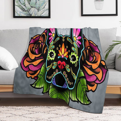 Day of The Dead French Bulldog in Black Sugar Skull Dog Throw Blanket