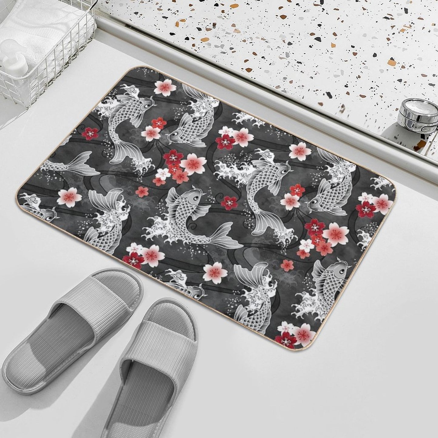 Koi Sakura Blossom in Black Bath Mat