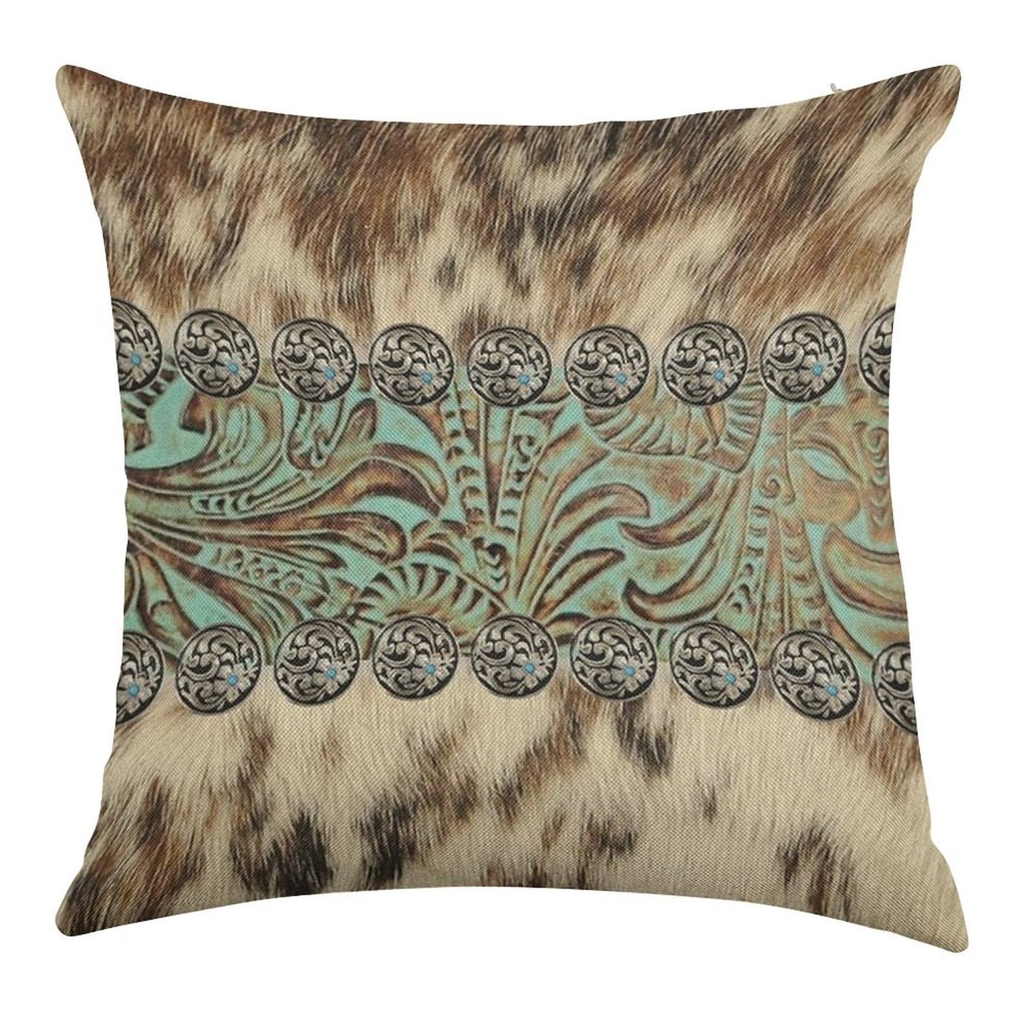 Rustic Brown Beige Teal Western Country Cowboy Fashion Linen Throw Pillow Cover