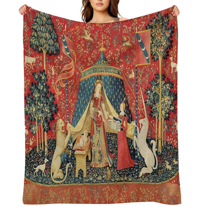 LADY AND THE UNICORN DESIRE ,Lion,Fantasy Flowers,Animals,Red Green Floral Tapestry Throw Blanket