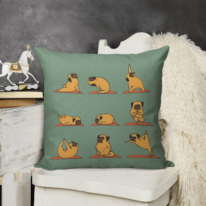 Pug Yoga Linen Throw Pillow Cover