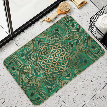 Flower of Life in Lotus - Malachite And Gold Bath Mat