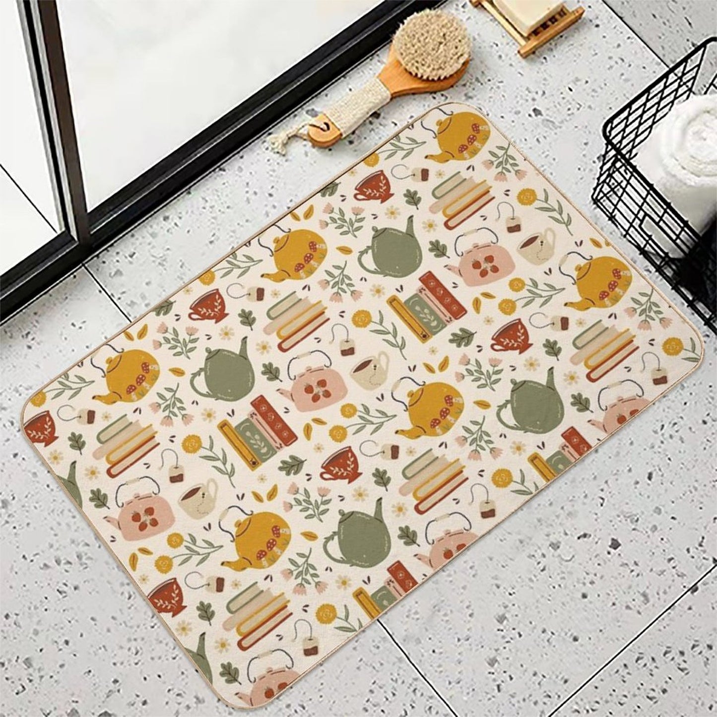 Flowery Books And Tea Bath Mat