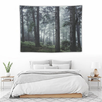 Path Vibes  Wild Romantic Misty Retro Fall Wilderness Fairytale Forest With Cascadia Trees Covered In Magic Blue Fog Season Tapestry
