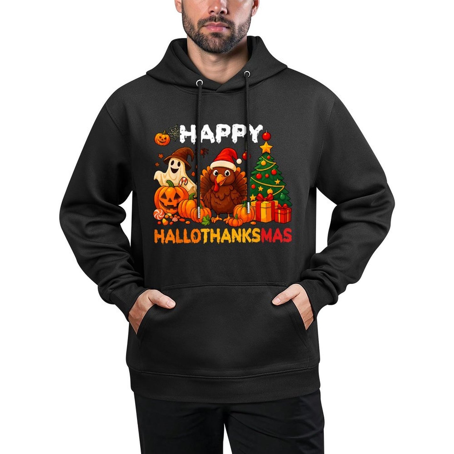 Happy Hallothanksmas Halloween Thanksmas Holiday Season Adjustable Hood Hoodie