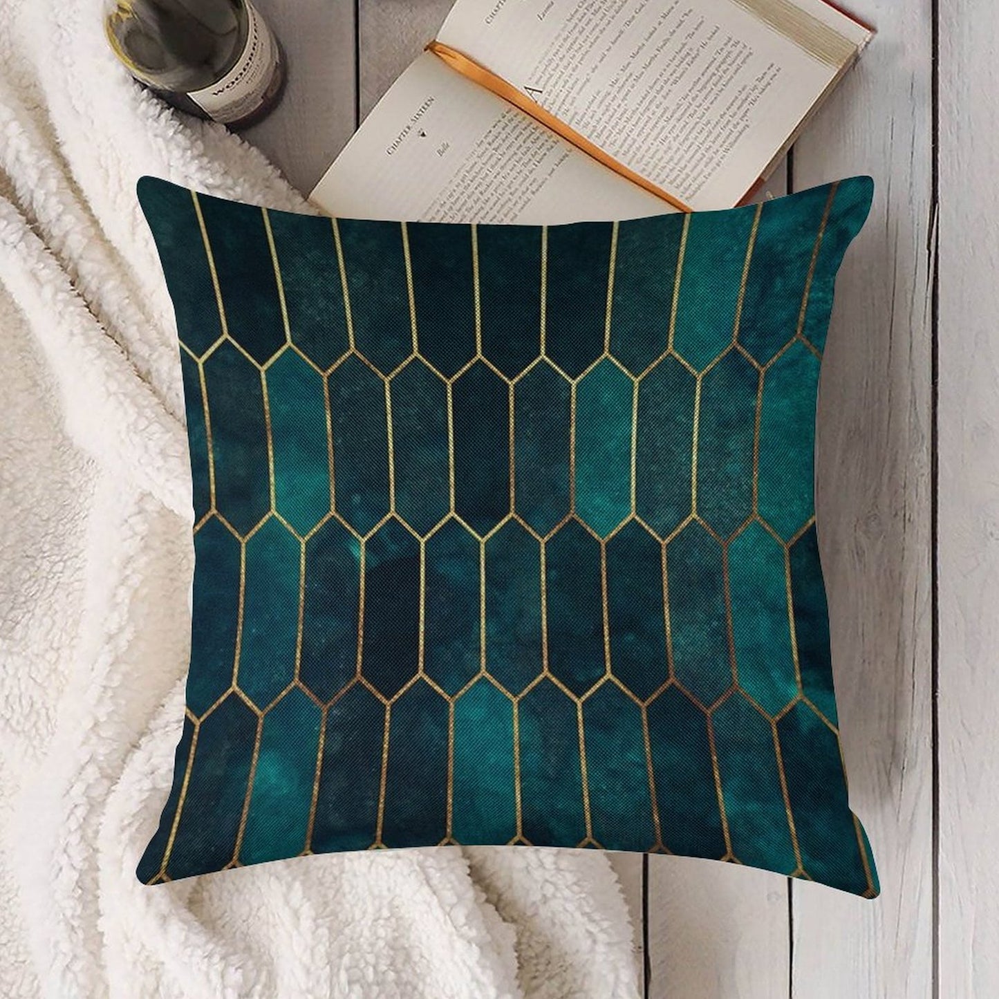 Deep Teal And Blue Gold  Pattern Linen Throw Pillow Cover
