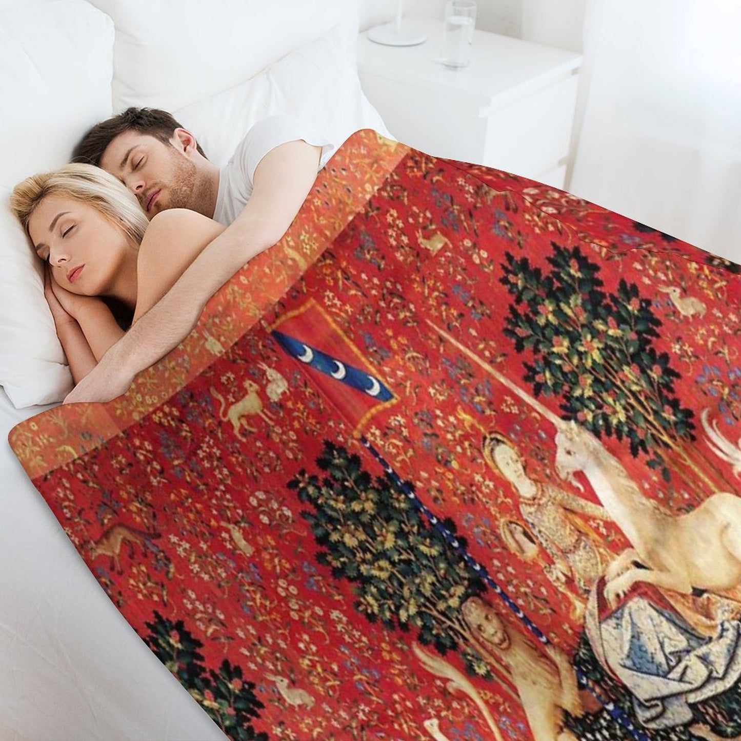 LADY AND UNICORN ,SIGHT  Red Green Fantasy Flowers,Animals Throw Blanket