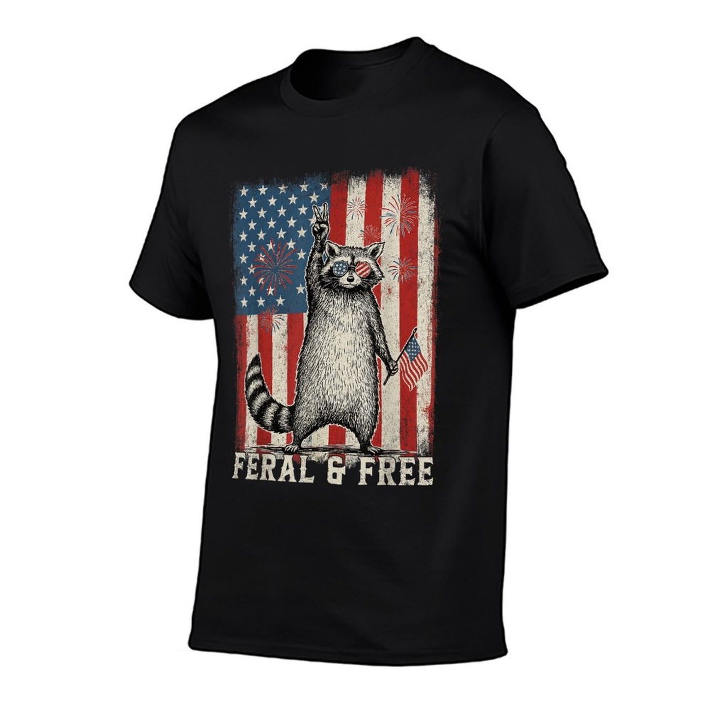 Feral But Free Raccoon July 4th Patriotic for Family  Cotton T-Shirt