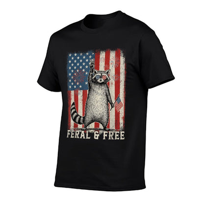 Feral But Free Raccoon July 4th Patriotic for Family  Cotton T-Shirt