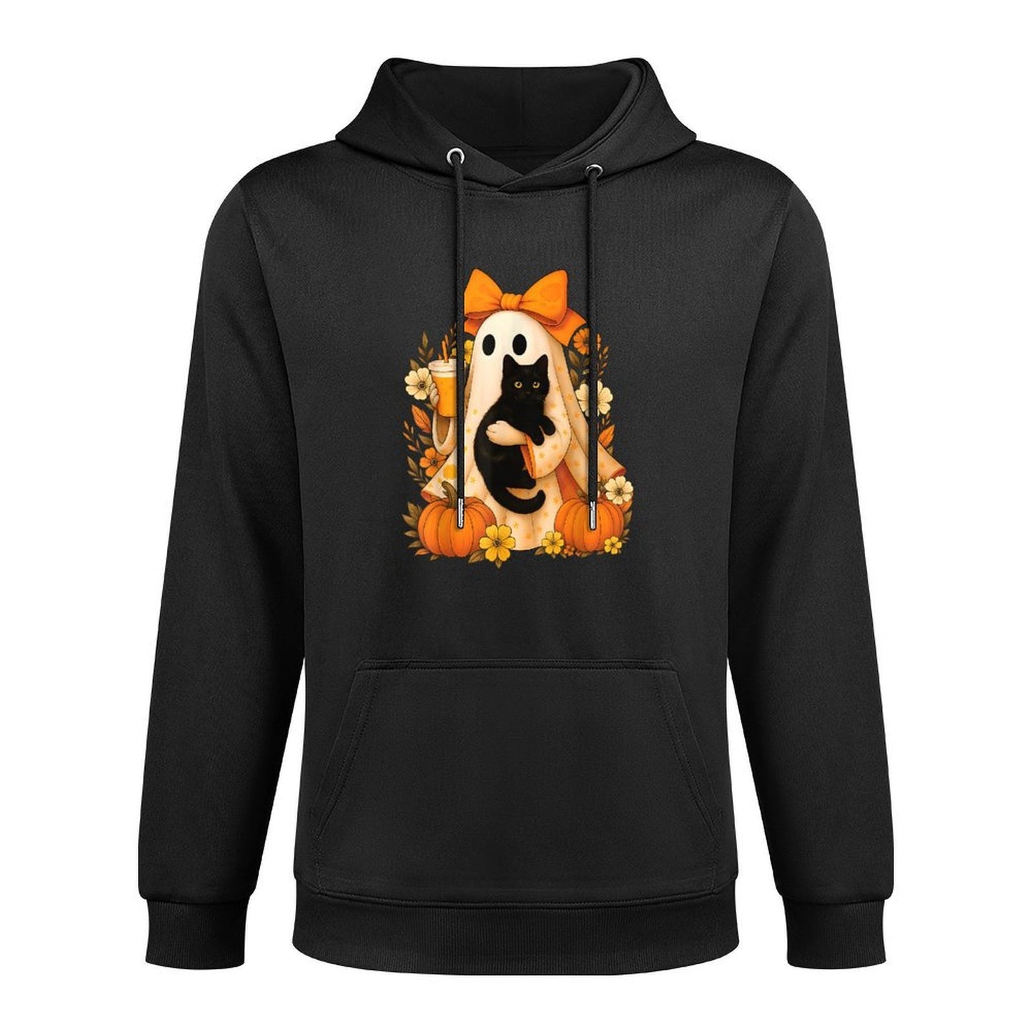 Retro Ghost Holding Cat Groovy Floral Vintage Halloween Versatile Streetwear Hoodie