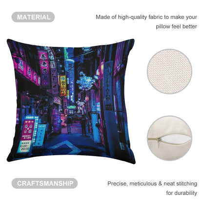 Blue Tokyo Alleys Linen Throw Pillow Cover