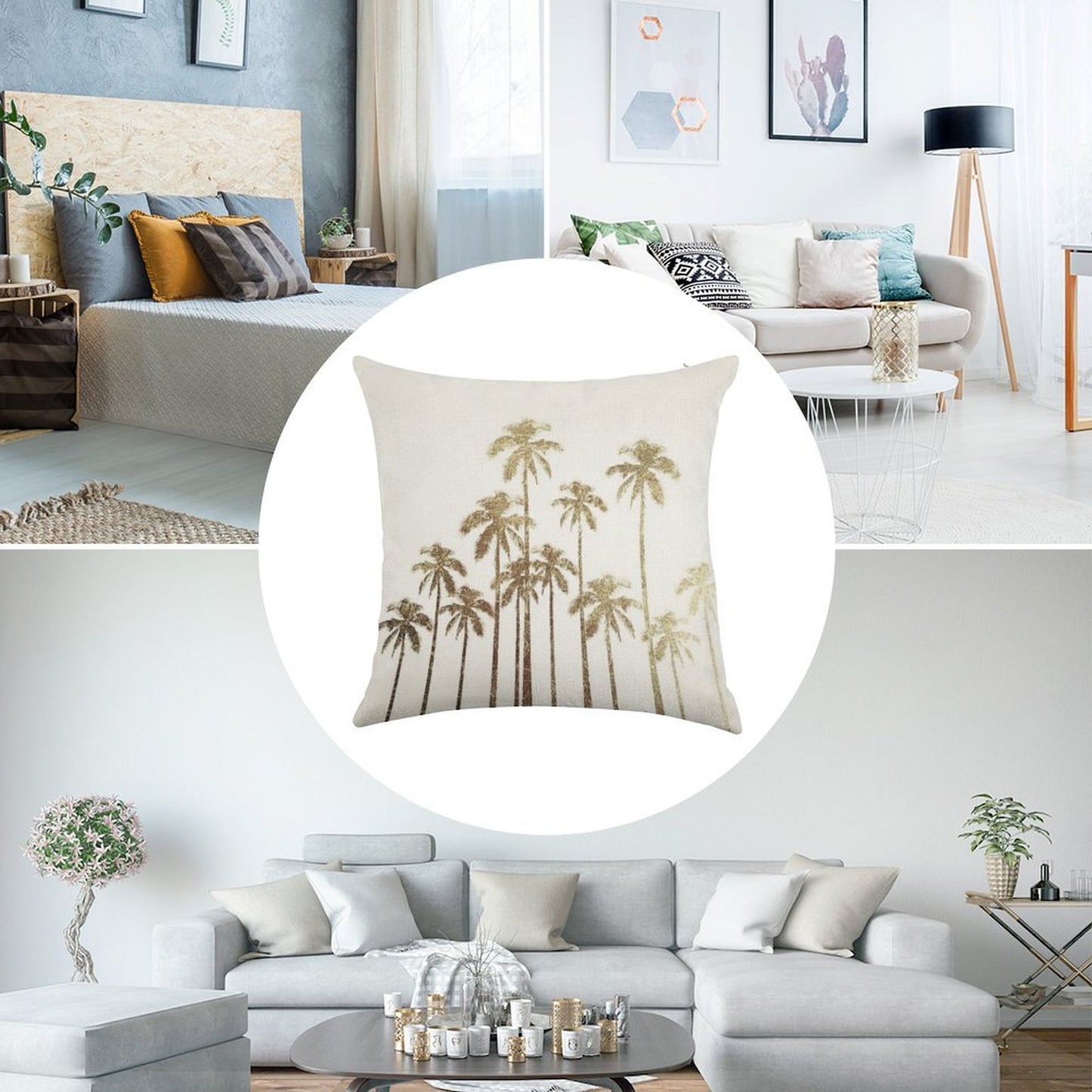 Glamorous Gold Tropical Palm Trees on White Linen Throw Pillow Cover