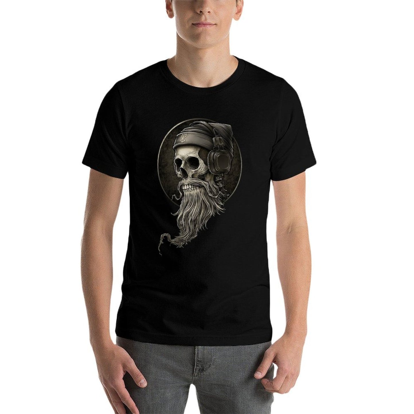 Viking Vintage Skull Beard with Headphone  Trendy Pattern T-Shirt